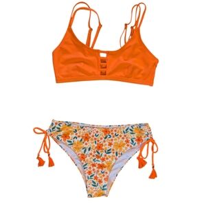 Shein Bikini Orange Top & Floral Bottoms, Womens Small, Swimwear Beach Vacation
